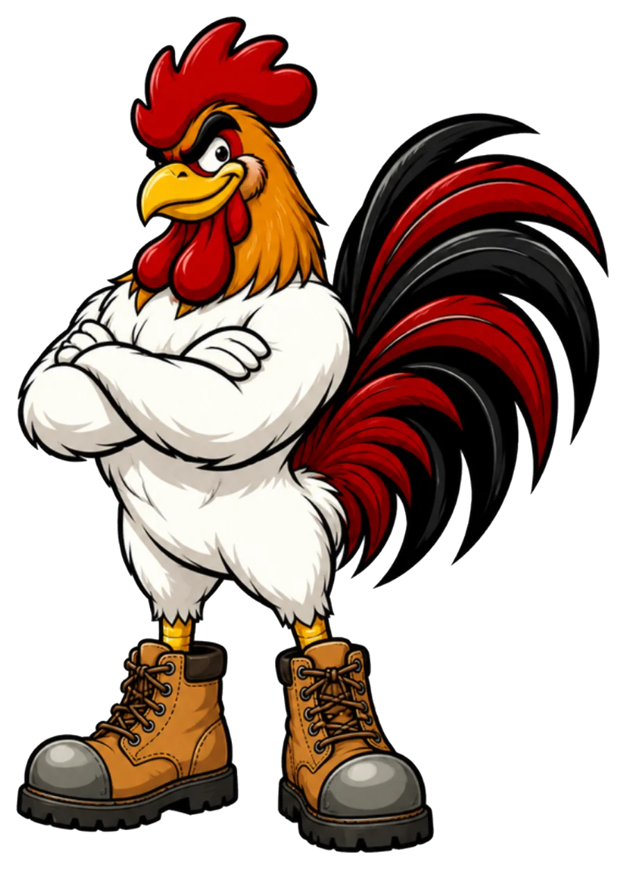 Cogburn, the PermitRooster mascot: a cocky cartoon rooster with crossed wings and steel-toe work boots