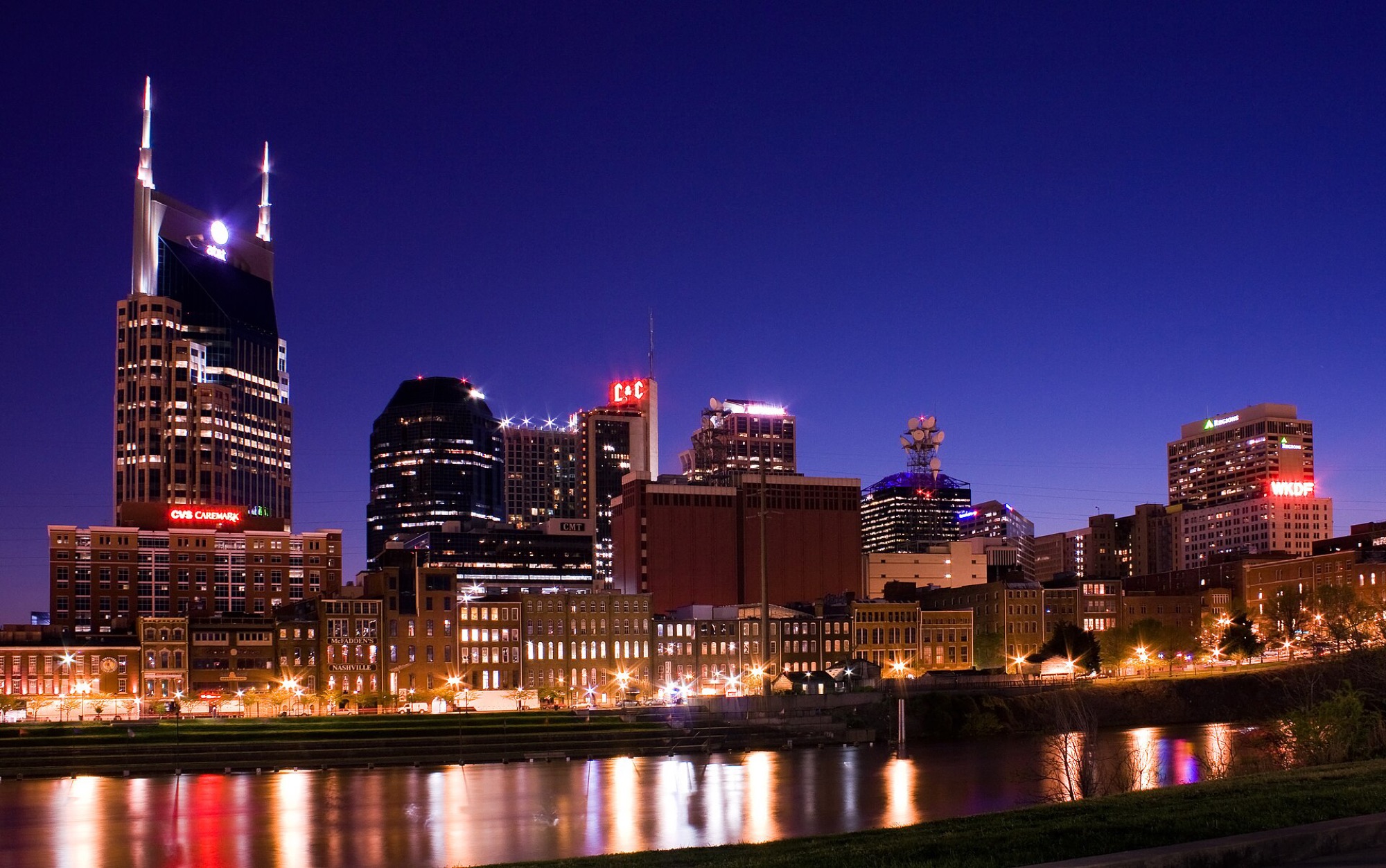 Downtown Nashville at dusk across the Cumberland River